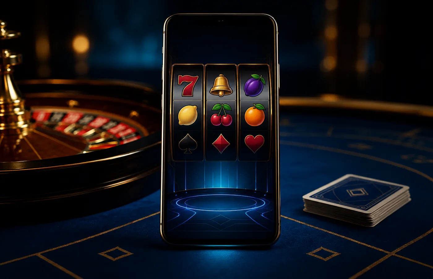 Ponsel dengan ilustrasi hiburan kasino generik untuk pembahasan V87 APK